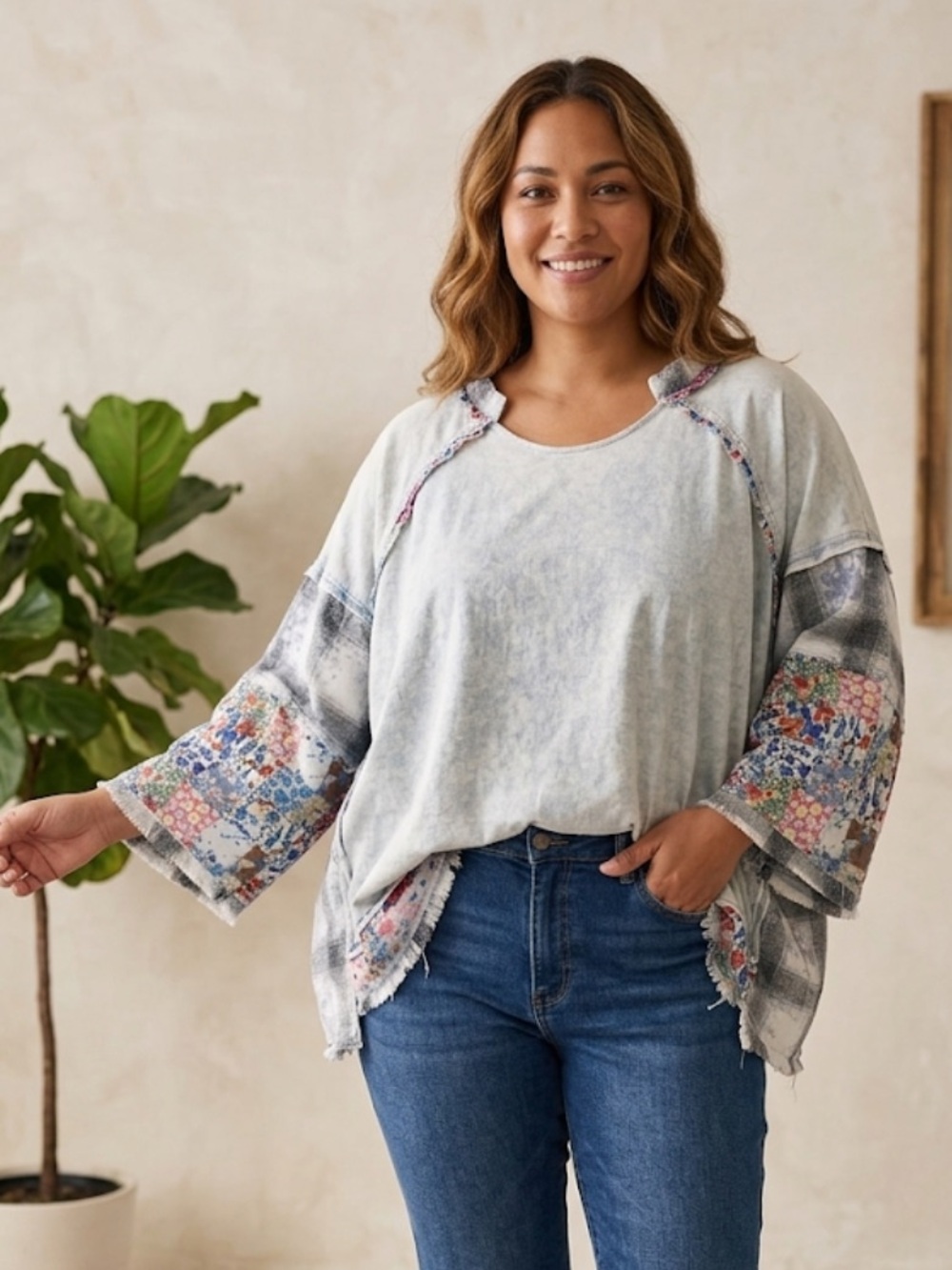 Oli & Hali Light Gray Floral-Trim Oversized Blouse